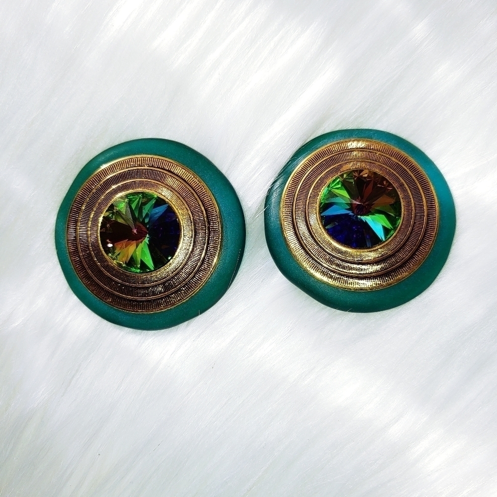Vintage Clip Iridescent Crystal Earrings
